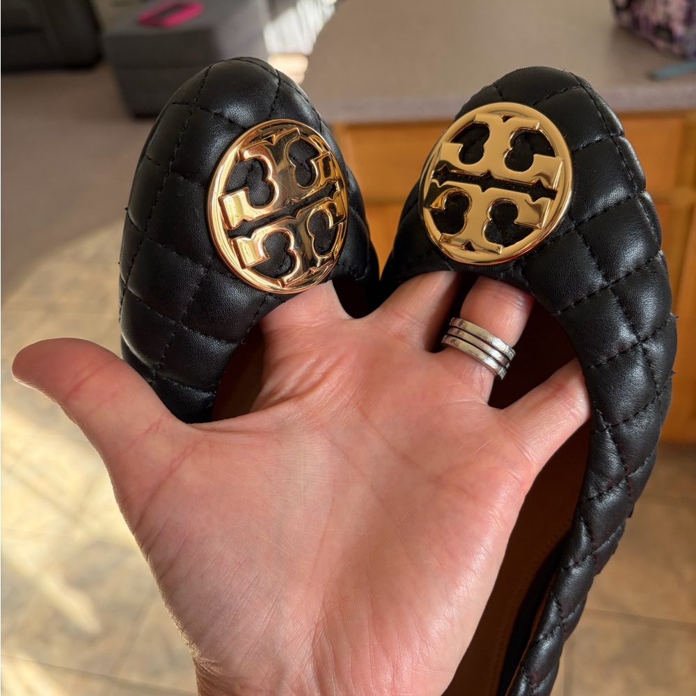 Tory Burch Black Quilted Leather Logo Ballet Flats with Gold Emblem - Picture 7 of 12